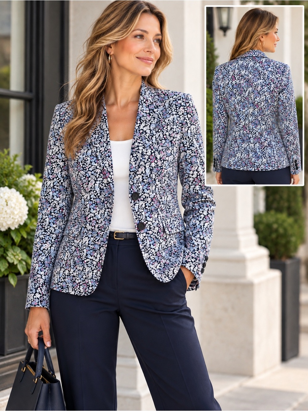 TALBOTS Navy Blue Floral Cotton Blazer Jacket Size 10 Preppy Office Career